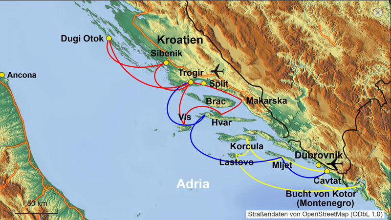Karte Segelkreuzfahrt Adria
