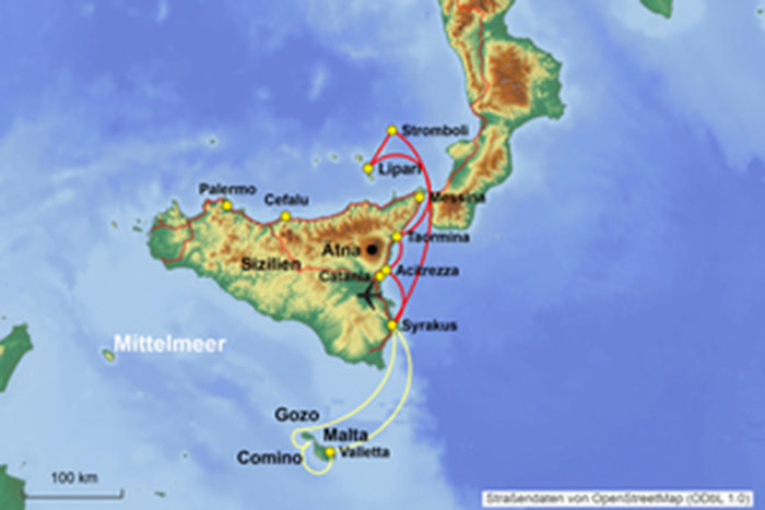 Karte Segelkreuzfahrt Malta - Liparische Inseln