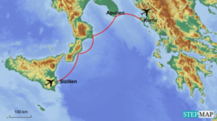 Karte Segelkreuzfahrt Sizilien Korfu
