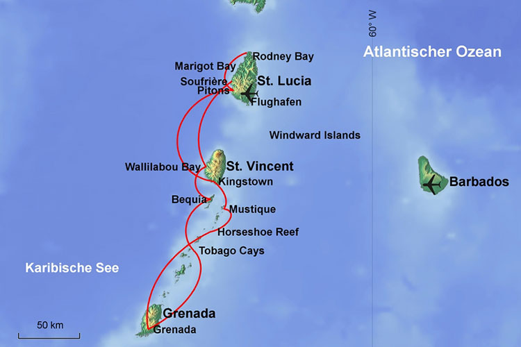 Karte Segelkreuzfahrt Karibik