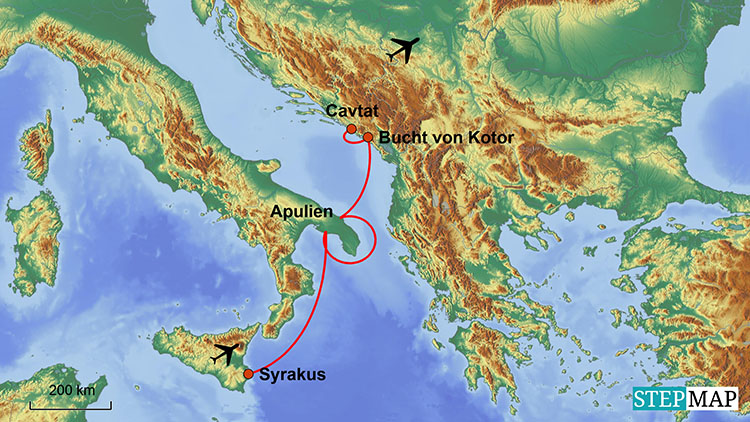 Karte Segelkreuzfahrt Adria